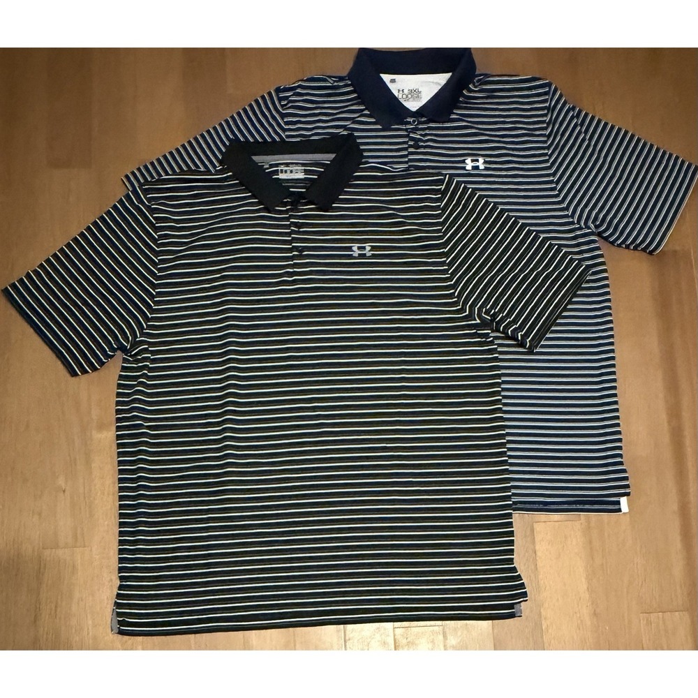 2 Under Armour Golf Shirts Lot 3XL  XXXL  Striped Black Blue Spring Summer Polo